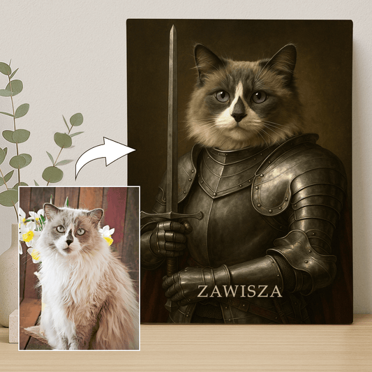 Kot w zbroi - portret na płótnie dla miłośnika kotów - Emmygift.pl