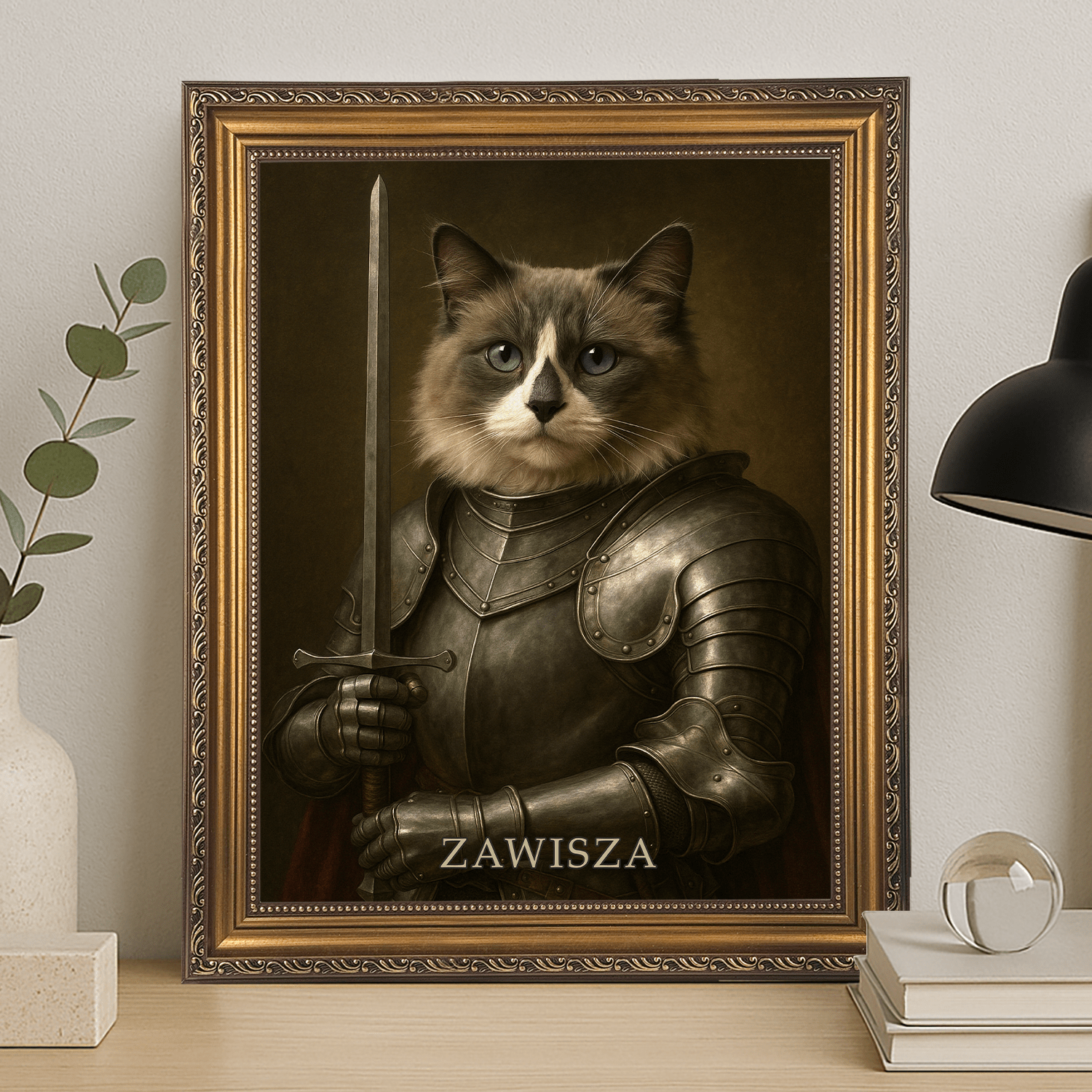 Kot w zbroi - portret na płótnie dla miłośnika kotów - Emmygift.pl