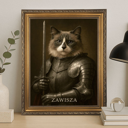 Kot w zbroi - portret na płótnie dla miłośnika kotów - Emmygift.pl