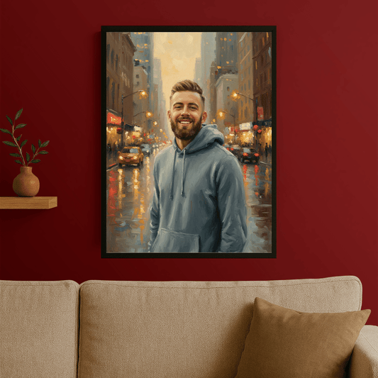 Mężczyzna na tle miasta - portret na plakacie dla niego - Emmygift.pl