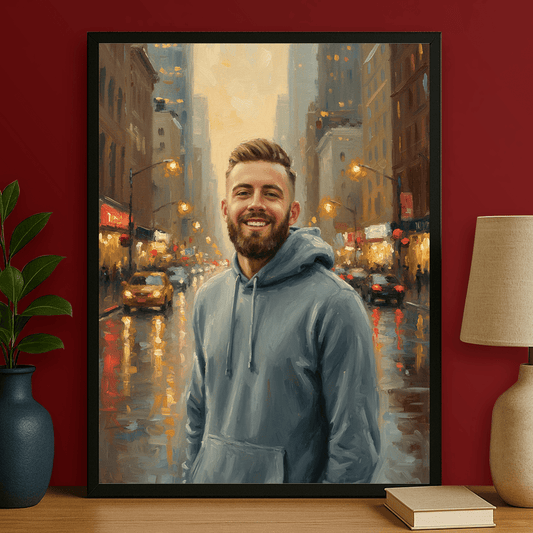 Mężczyzna na tle miasta - portret na plakacie dla niego - Emmygift.pl