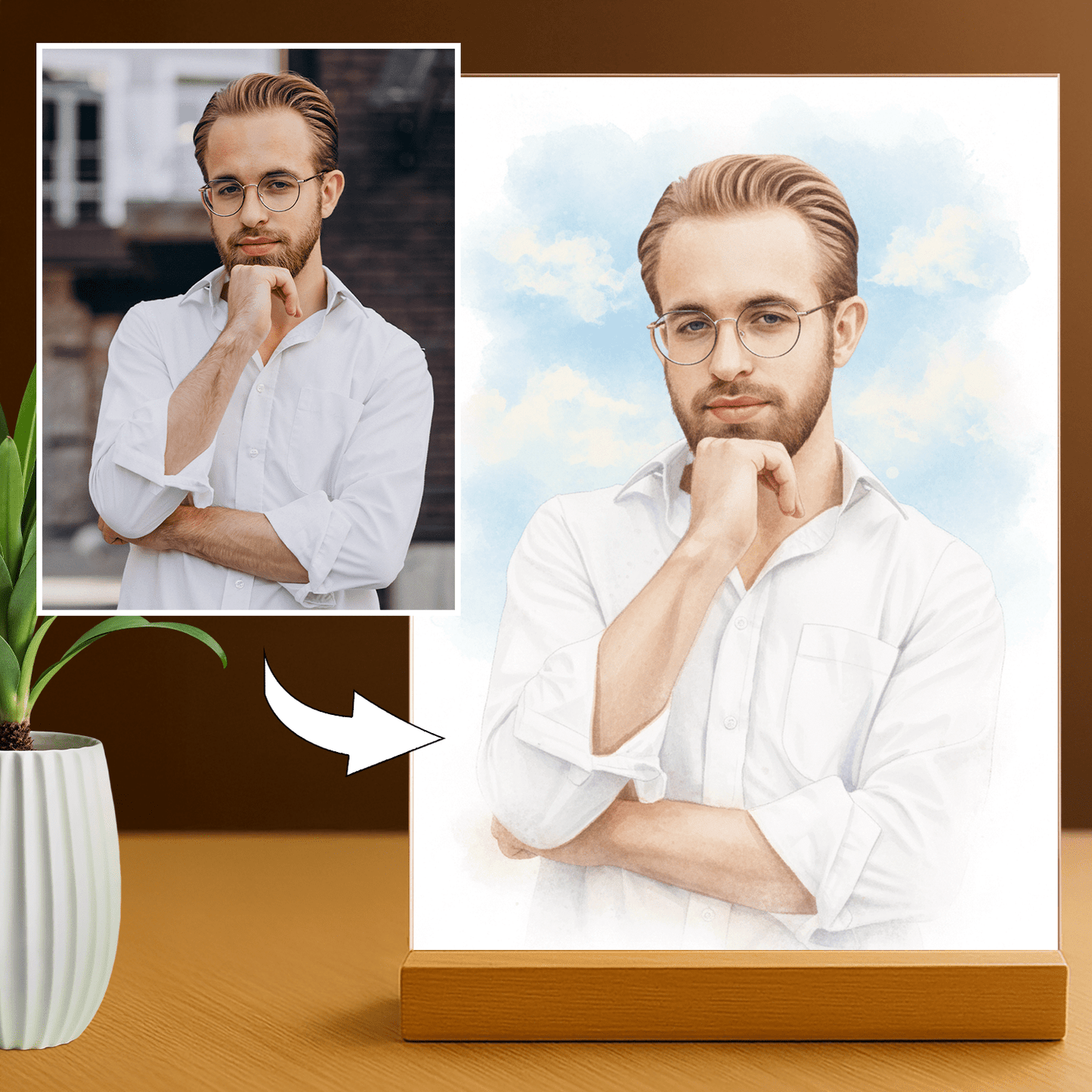 Mężczyzna w akwarelowym stylu - portret na szkle akrylowym dla niego - Emmygift.pl