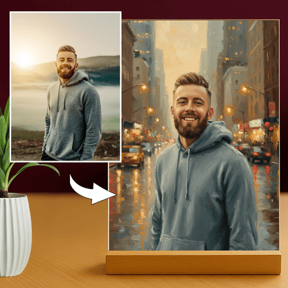 Mężczyzna w centrum miasta - portret na szkle akrylowym dla niego - Emmygift.pl