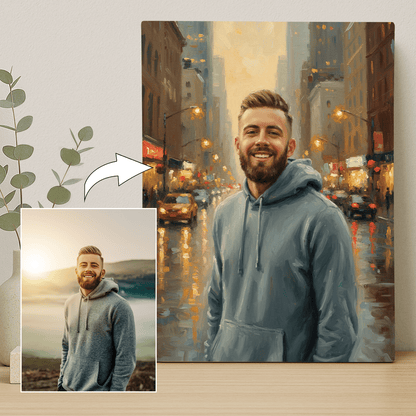 Mężczyzna w środku miasta - portret na płótnie dla niego - Emmygift.pl