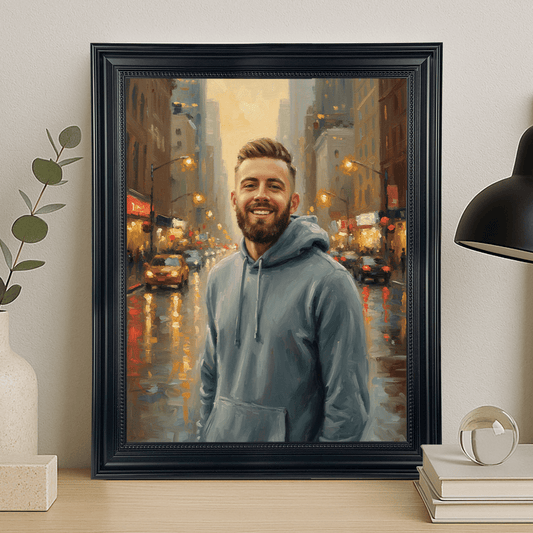 Mężczyzna w środku miasta - portret na płótnie dla niego - Emmygift.pl