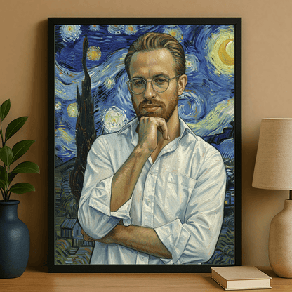 Mężczyzna z gwieździstym niebem w tle - portret na plakacie dla niego - Emmygift.pl
