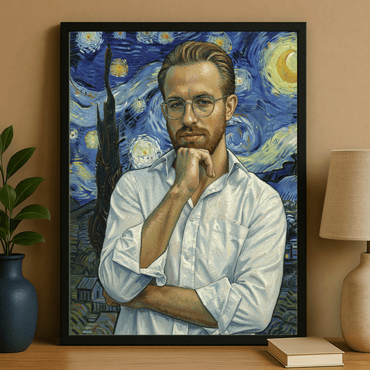 Mężczyzna z gwieździstym niebem w tle - portret na plakacie dla niego - Emmygift.pl