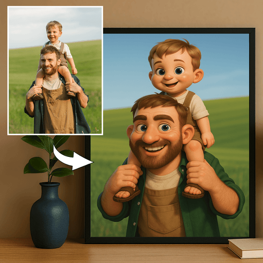 Ojciec i syn w stylu animowanym 3D - portret na plakacie dla taty - Emmygift.pl