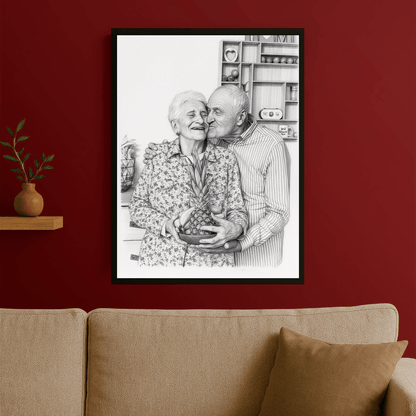 Ołówkowy szkic dziadków - portret na plakacie dla dziadków - Emmygift.pl