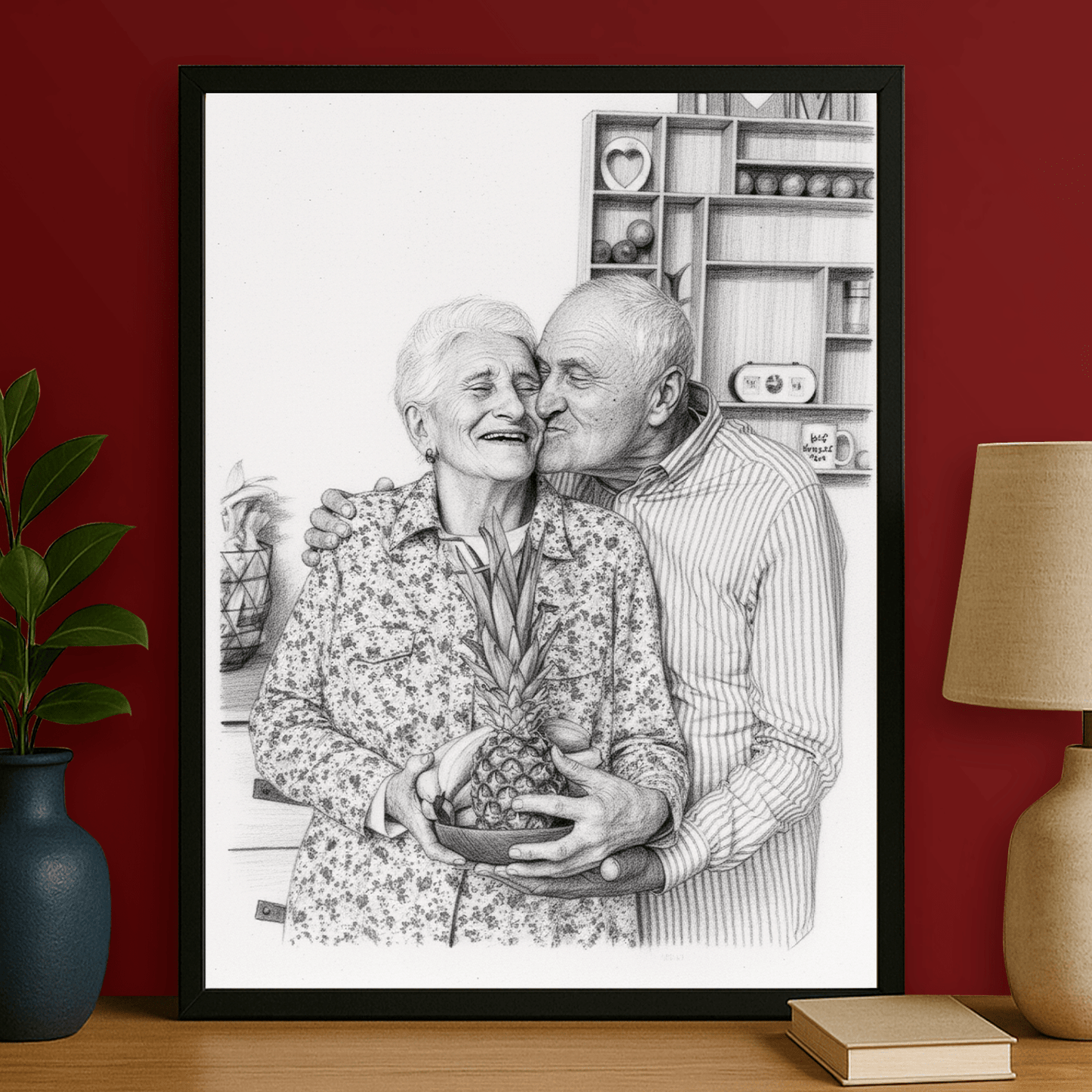 Ołówkowy szkic dziadków - portret na plakacie dla dziadków - Emmygift.pl