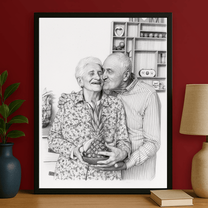 Ołówkowy szkic dziadków - portret na plakacie dla dziadków - Emmygift.pl