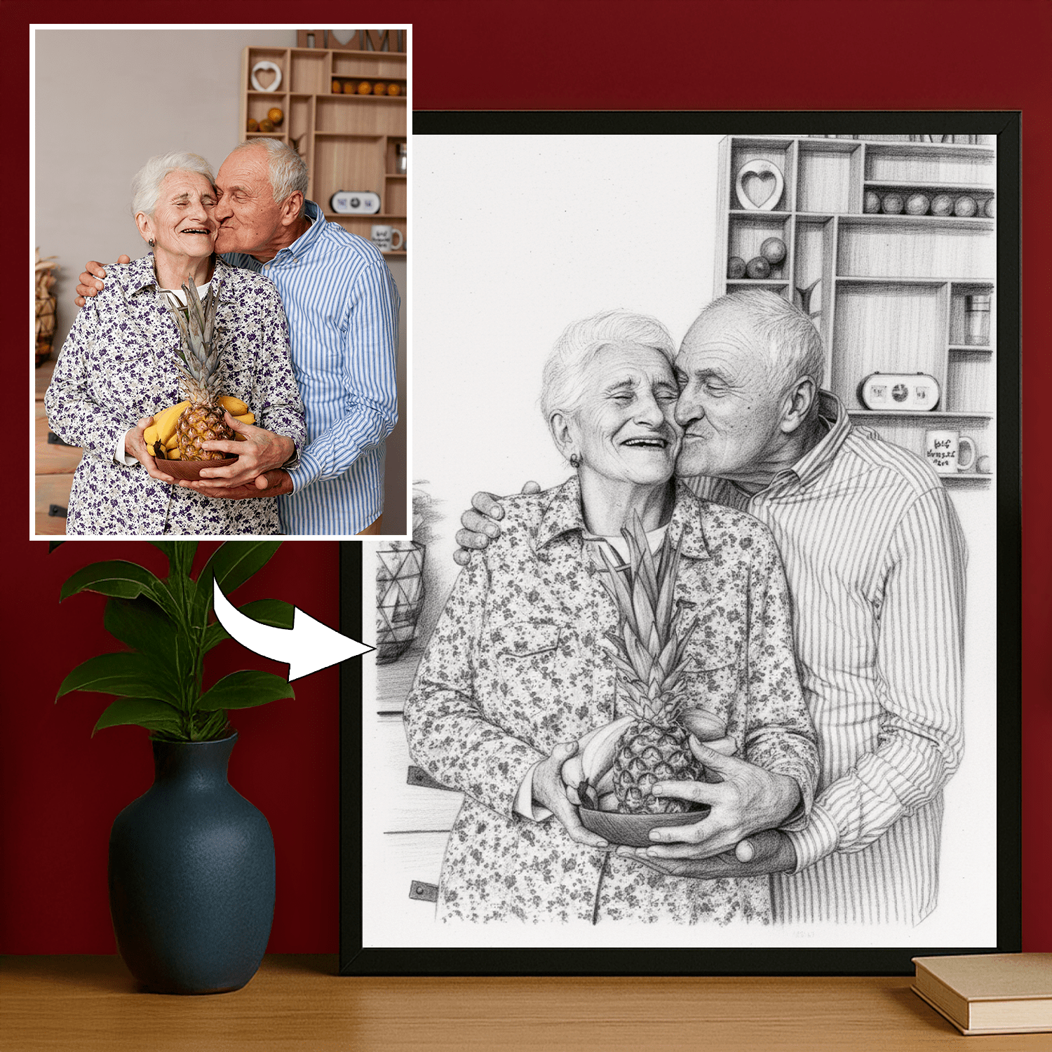 Ołówkowy szkic dziadków - portret na plakacie dla dziadków - Emmygift.pl