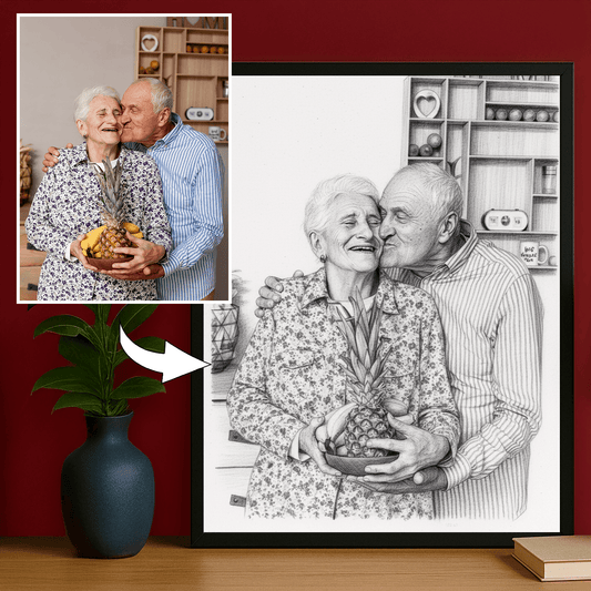 Ołówkowy szkic dziadków - portret na plakacie dla dziadków - Emmygift.pl