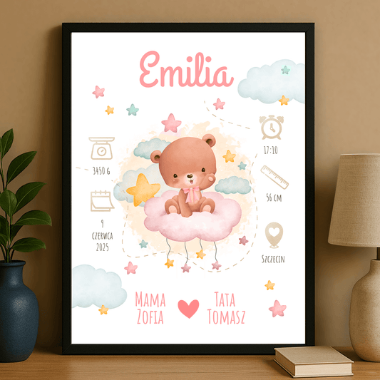Pamiątka narodzin dziewczynki - plakat personalizowany dla dziecka - Emmygift.pl