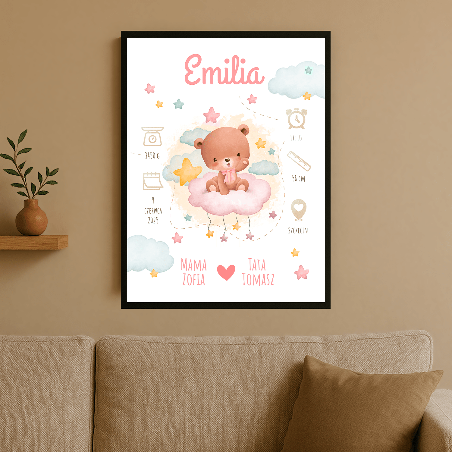Pamiątka narodzin dziewczynki - plakat personalizowany dla dziecka - Emmygift.pl