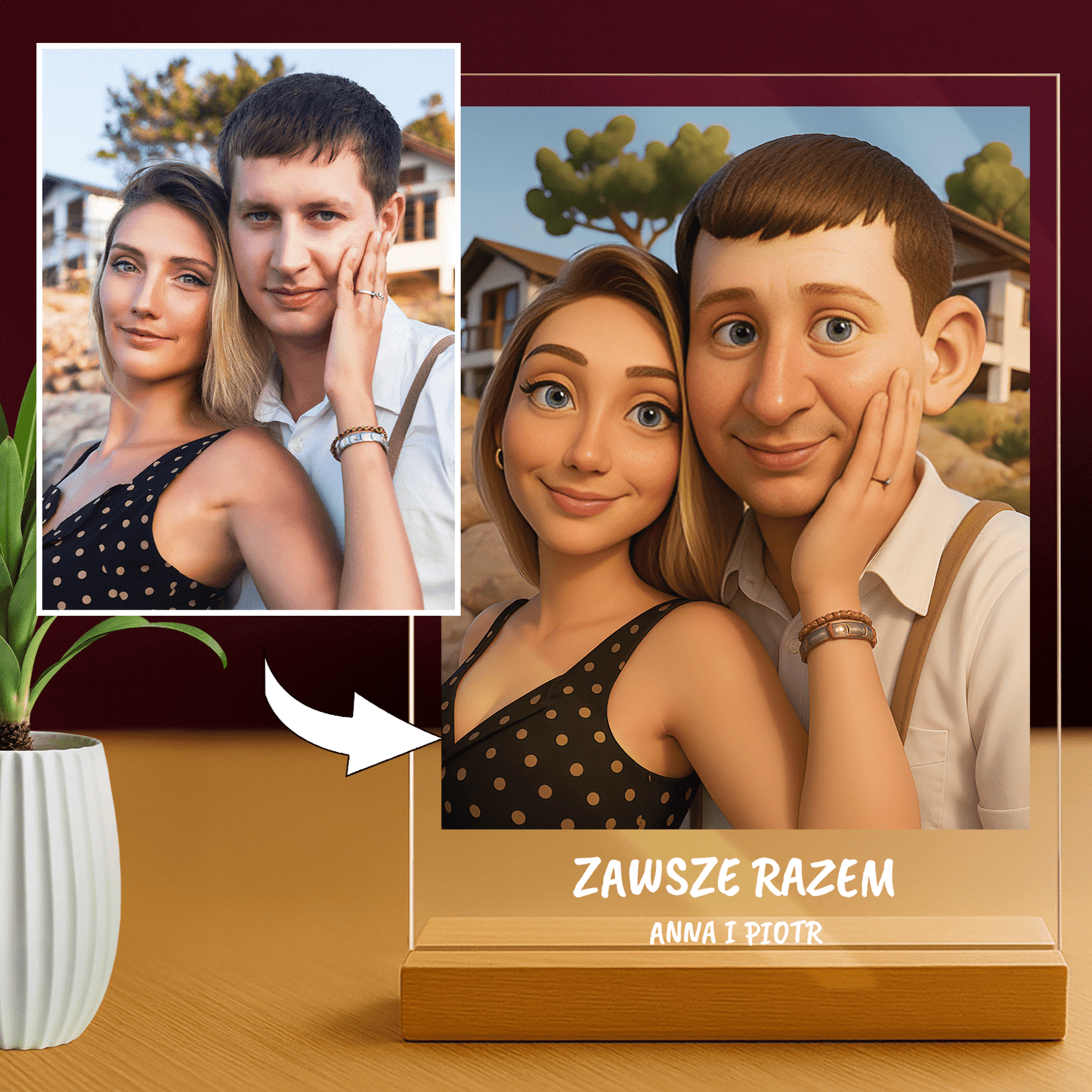 Para w stylu jak animowanym + napis - portret na szkle akrylowym dla pary - Emmygift.pl