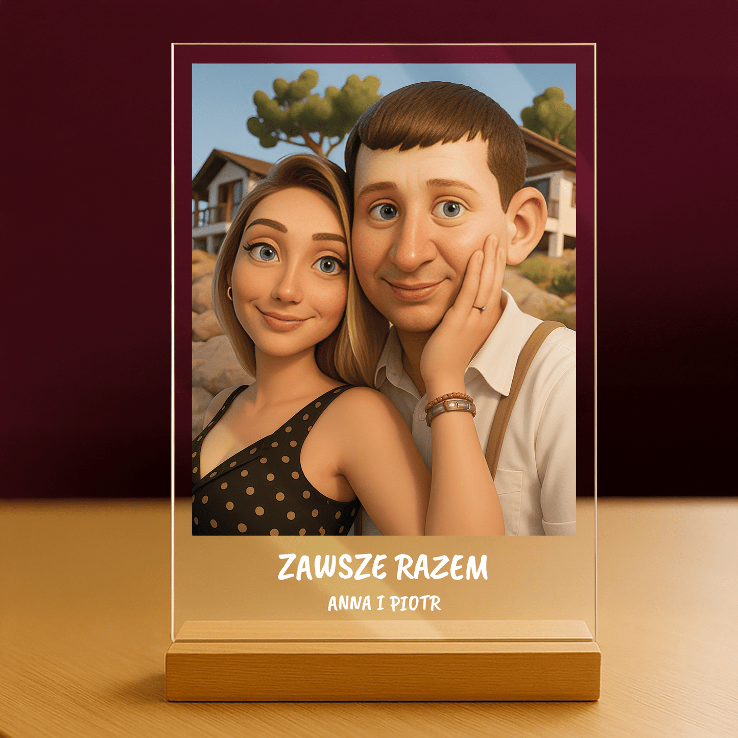 Para w stylu jak animowanym + napis - portret na szkle akrylowym dla pary - Emmygift.pl
