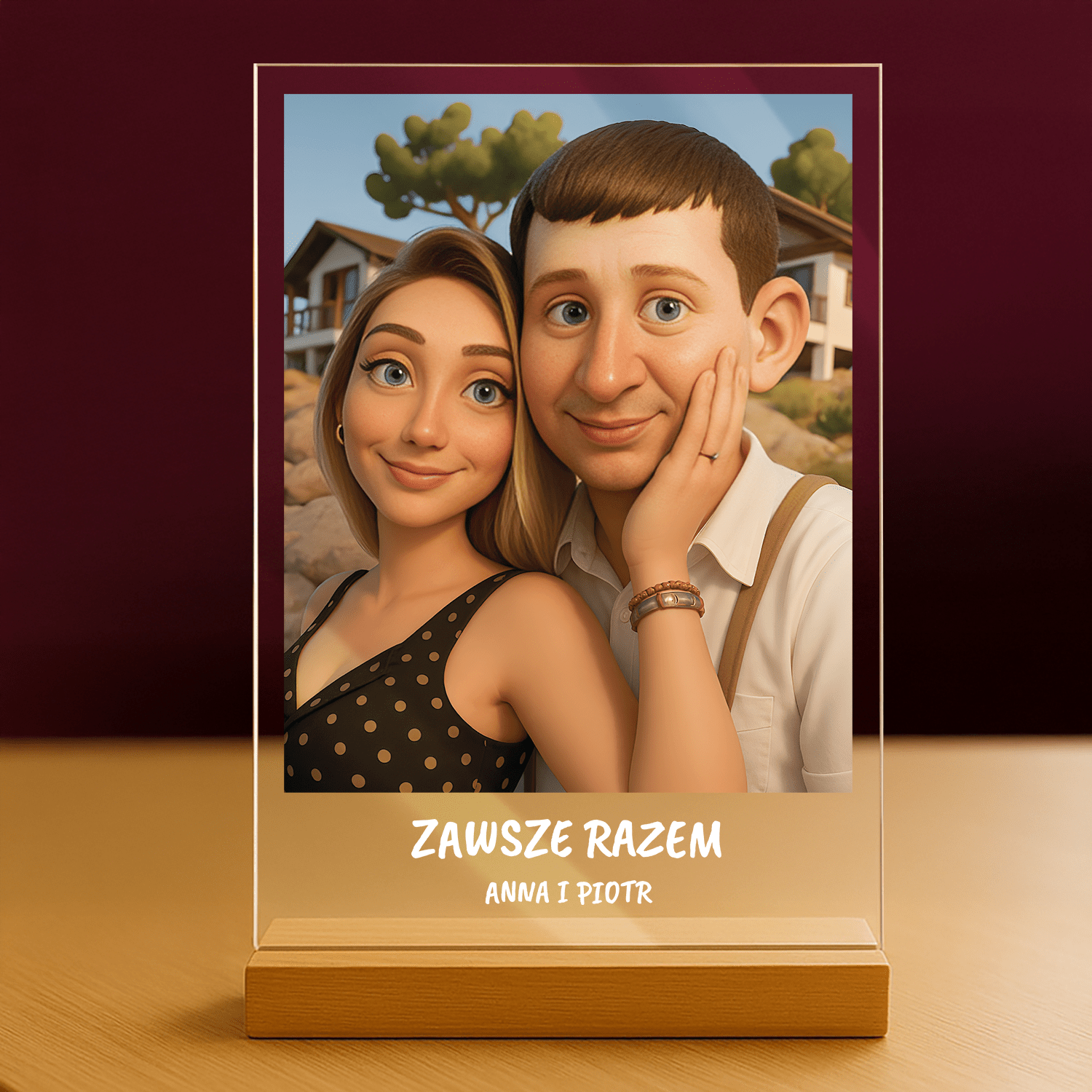 Para w stylu jak animowanym + napis - portret na szkle akrylowym dla pary - Emmygift.pl