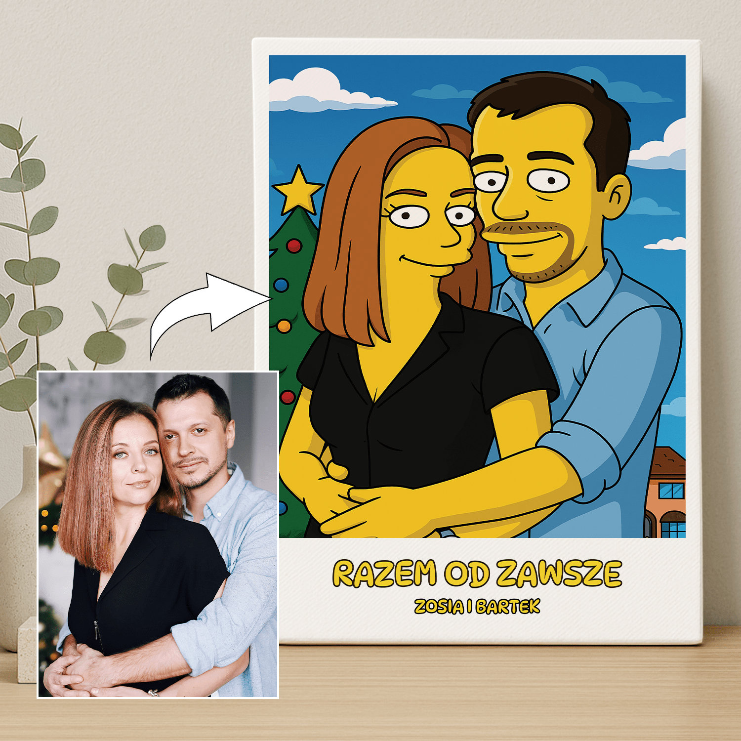 Para w stylu świątecznej kreskówki - portret na płótnie dla pary - Emmygift.pl