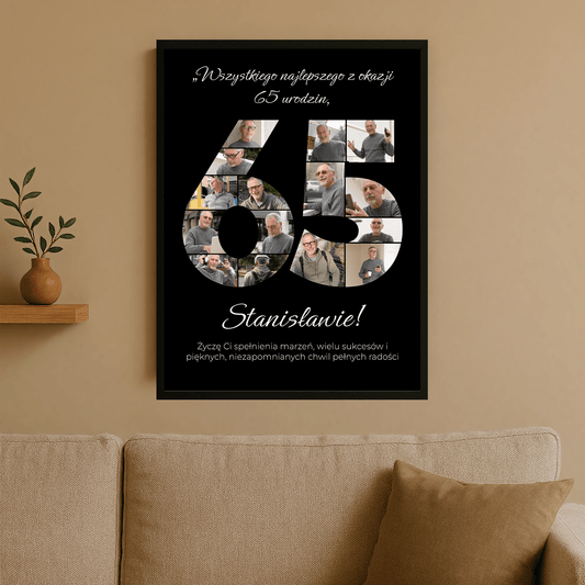 Personalizowany czarny plakat „65 urodziny” – wyjątkowy prezent dla niego - Emmygift.pl