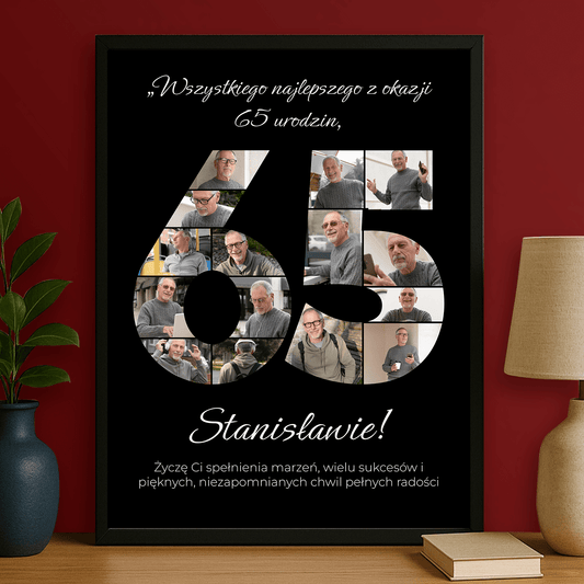Personalizowany czarny plakat „65 urodziny” – wyjątkowy prezent dla niego - Emmygift.pl