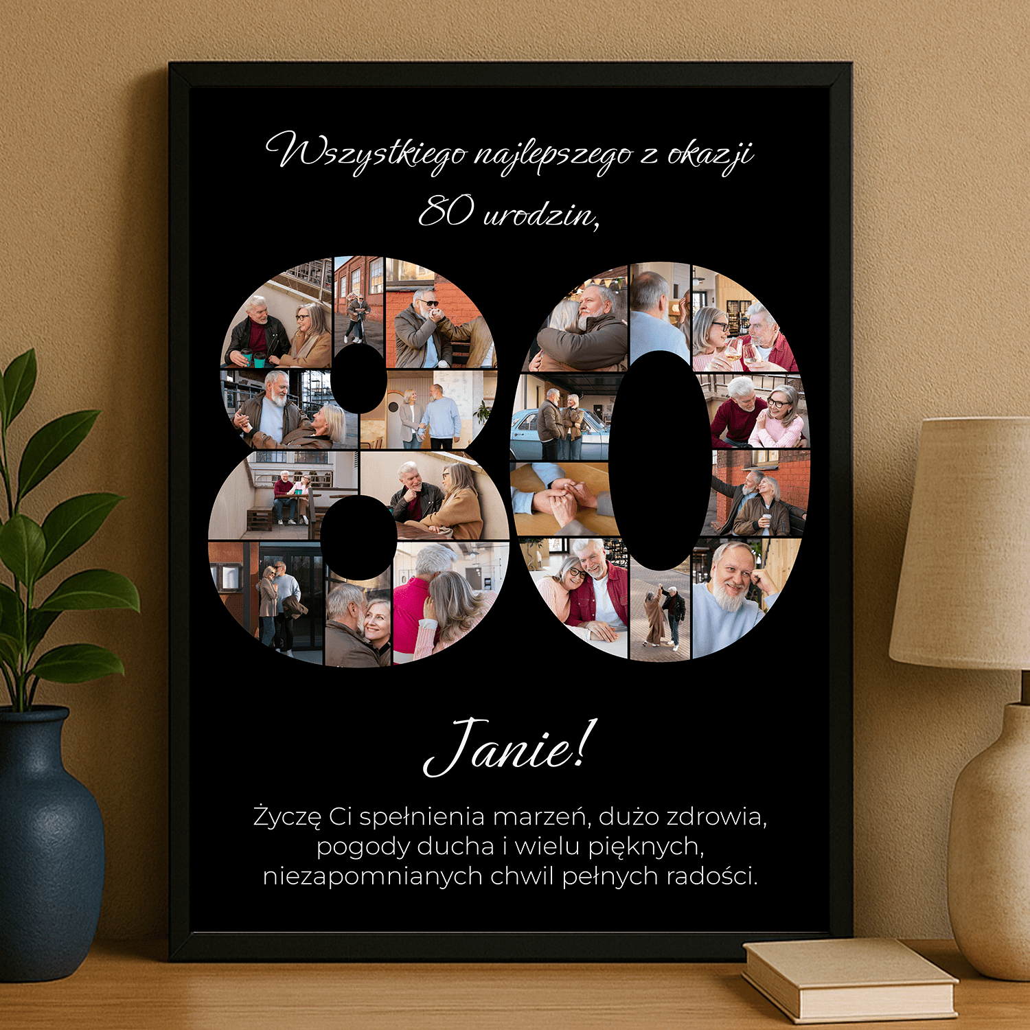 Personalizowany kolaż zdjęć – pamiątkowy czarny plakat na 80 urodziny - Emmygift.pl