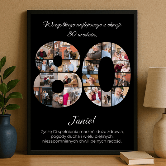 Personalizowany kolaż zdjęć – pamiątkowy czarny plakat na 80 urodziny - Emmygift.pl
