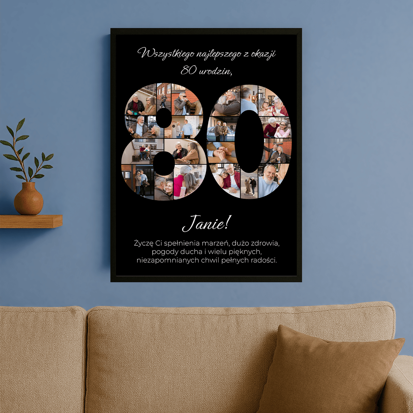 Personalizowany kolaż zdjęć – pamiątkowy czarny plakat na 80 urodziny - Emmygift.pl