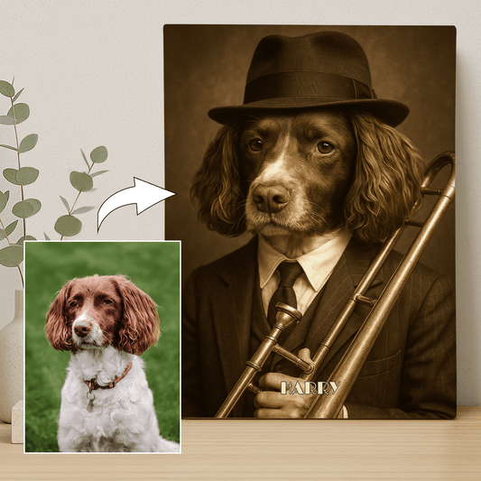 Pies jako muzyk jezzowy - portret na płótnie dla miłośnika psów - Emmygift.pl