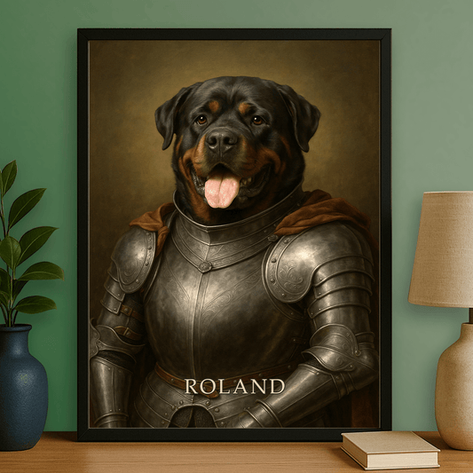 Pies jako średniowieczny rycerz - personalizowany plakat dla miłośników psów - Emmygift.pl