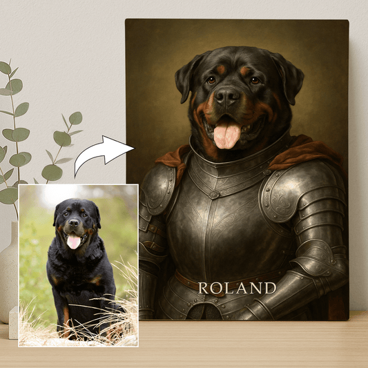 Pies w zbroi rycerskiej - portret na płótnie dla miłośnika psów - Emmygift.pl