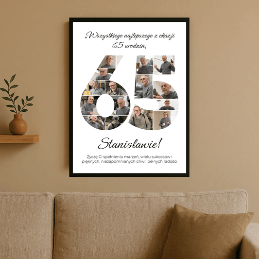 Plakat ze zdjęciami na 65 urodziny – prezent personalizowany dla niego - Emmygift.pl