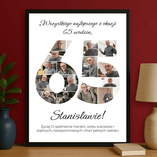 Plakat ze zdjęciami na 65 urodziny – prezent personalizowany dla niego - Emmygift.pl