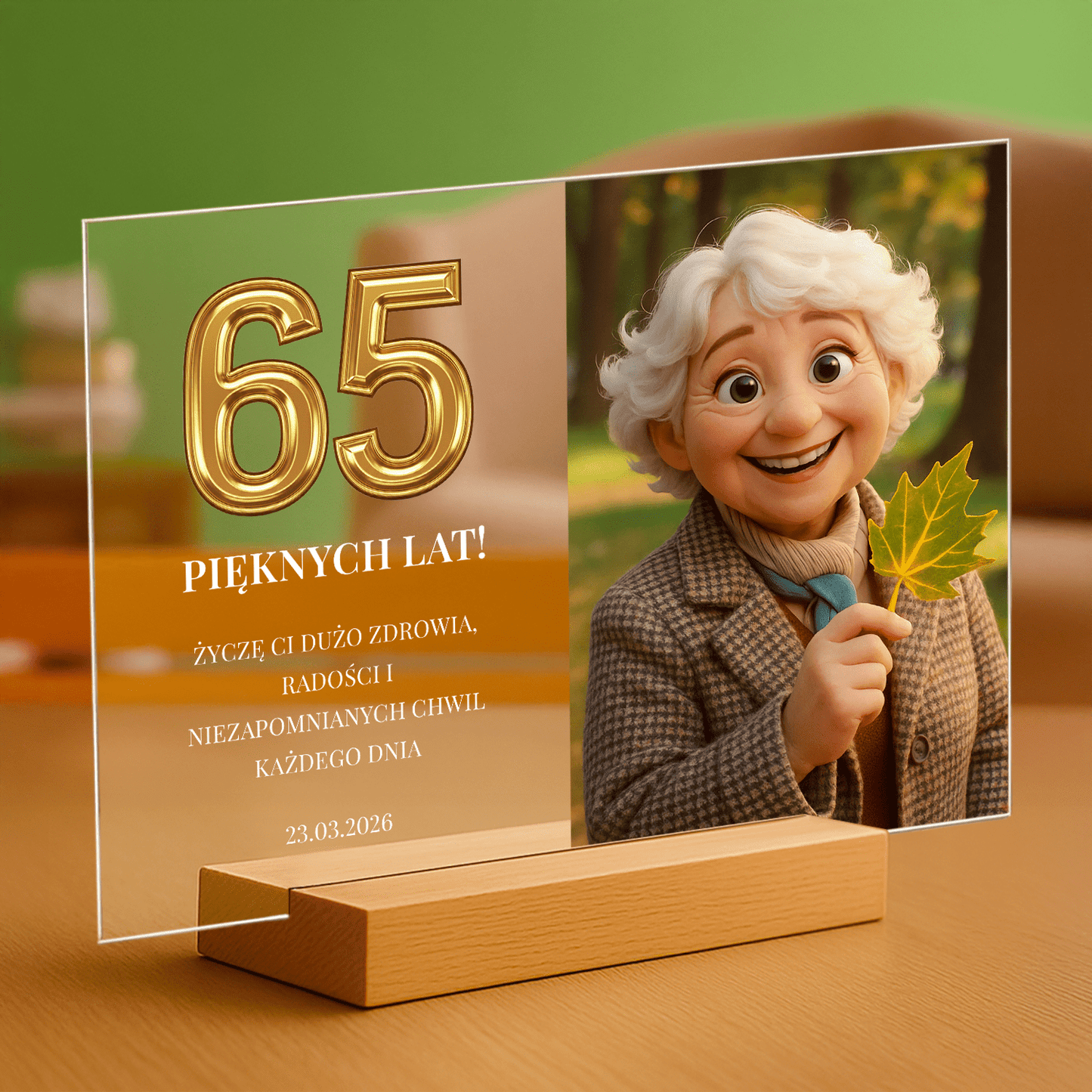 Portret bajkowy na jej 65 urodziny - personalizowany druk na szkle dla niej - Emmygift.pl
