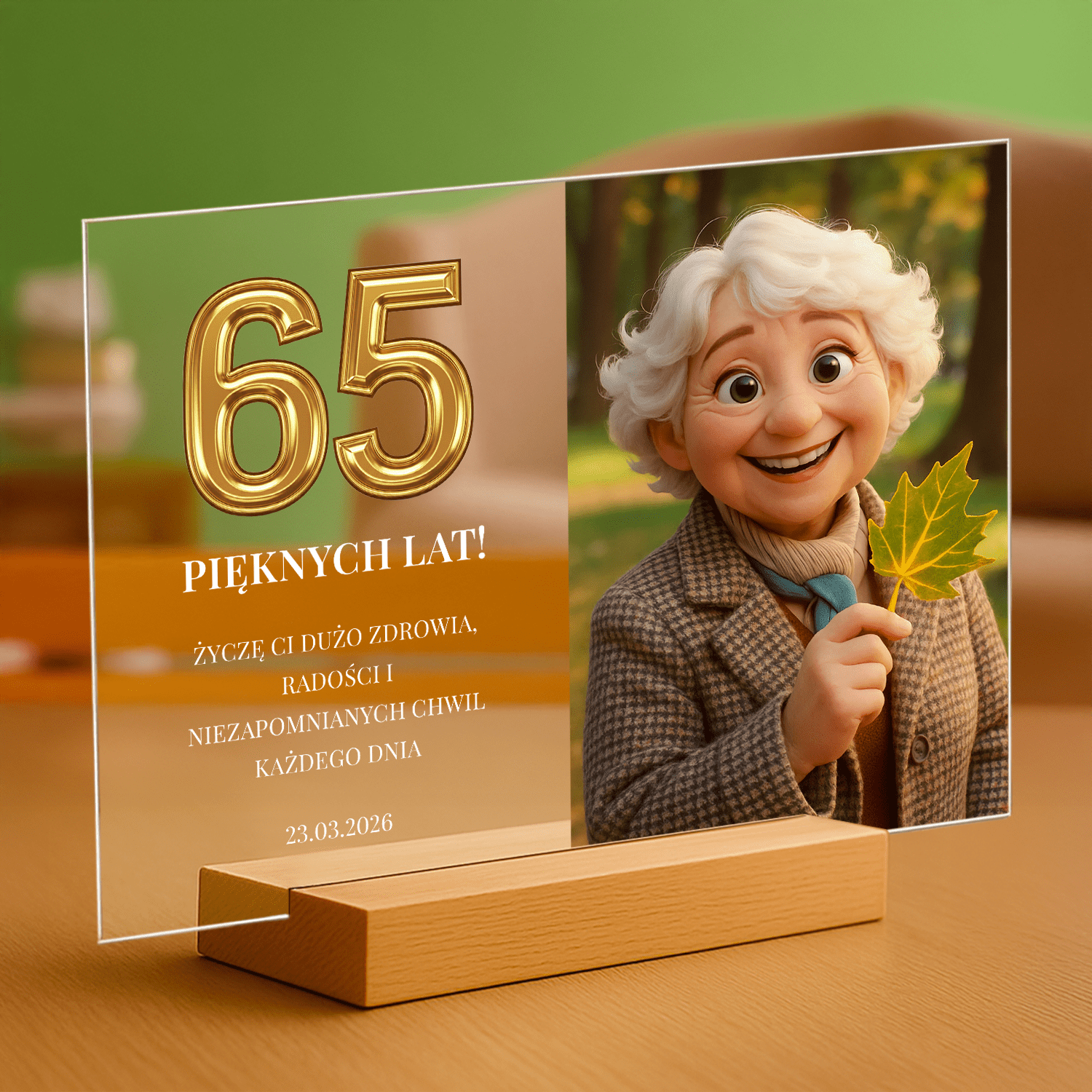 Portret bajkowy na jej 65 urodziny - personalizowany druk na szkle dla niej - Emmygift.pl