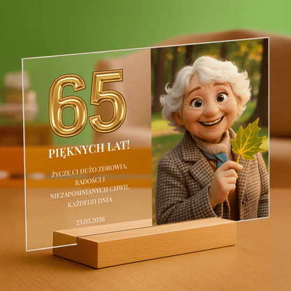 Portret bajkowy na jej 65 urodziny - personalizowany druk na szkle dla niej - Emmygift.pl