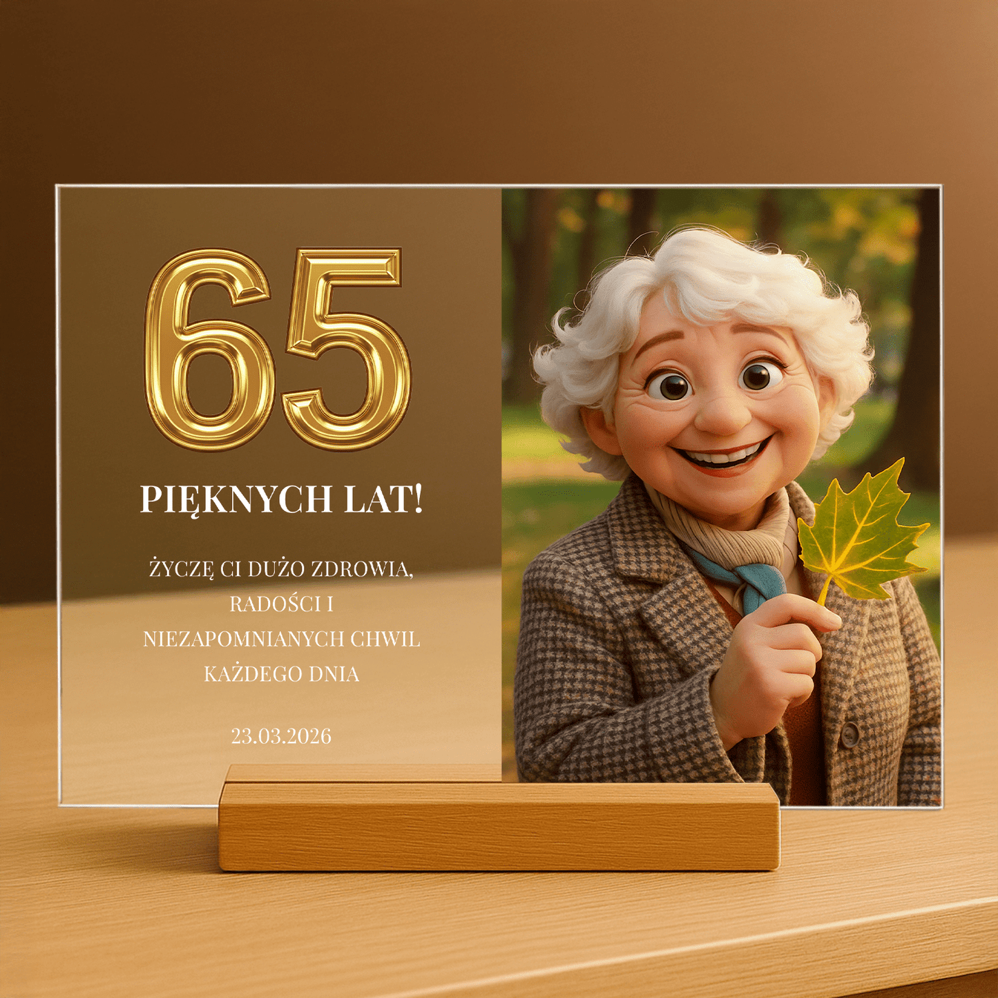 Portret bajkowy na jej 65 urodziny - personalizowany druk na szkle dla niej - Emmygift.pl