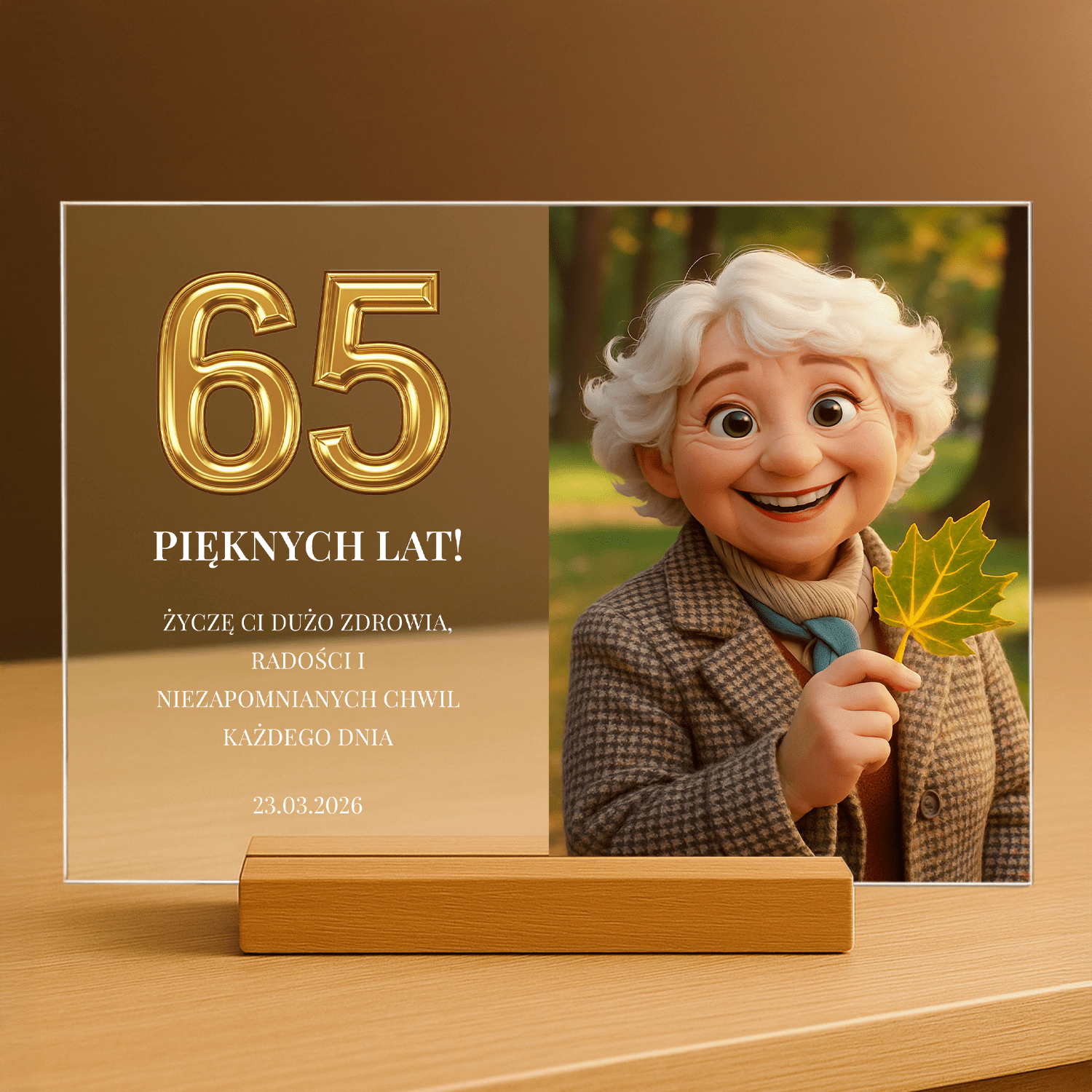 Portret bajkowy na jej 65 urodziny - personalizowany druk na szkle dla niej - Emmygift.pl