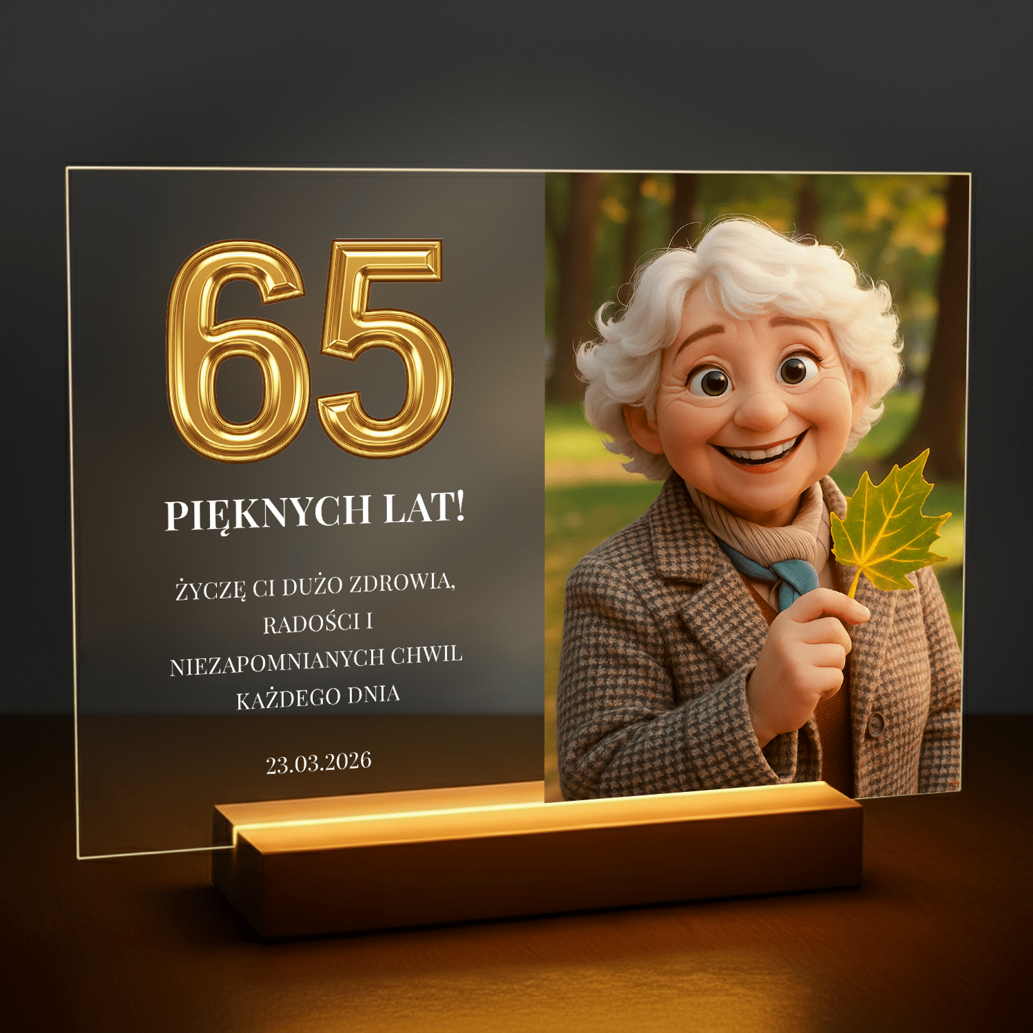 Portret bajkowy na jej 65 urodziny - personalizowany druk na szkle dla niej - Emmygift.pl