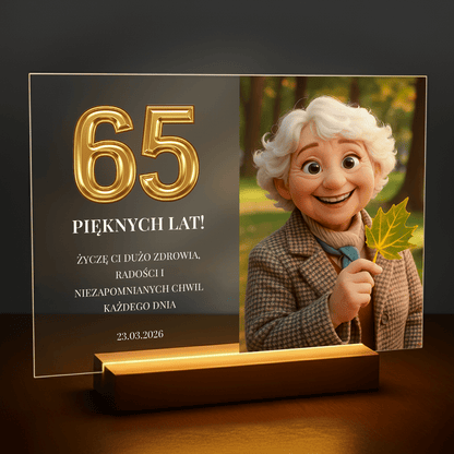 Portret bajkowy na jej 65 urodziny - personalizowany druk na szkle dla niej - Emmygift.pl