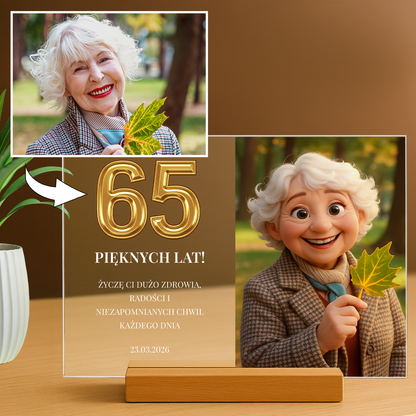 Portret bajkowy na jej 65 urodziny - personalizowany druk na szkle dla niej - Emmygift.pl