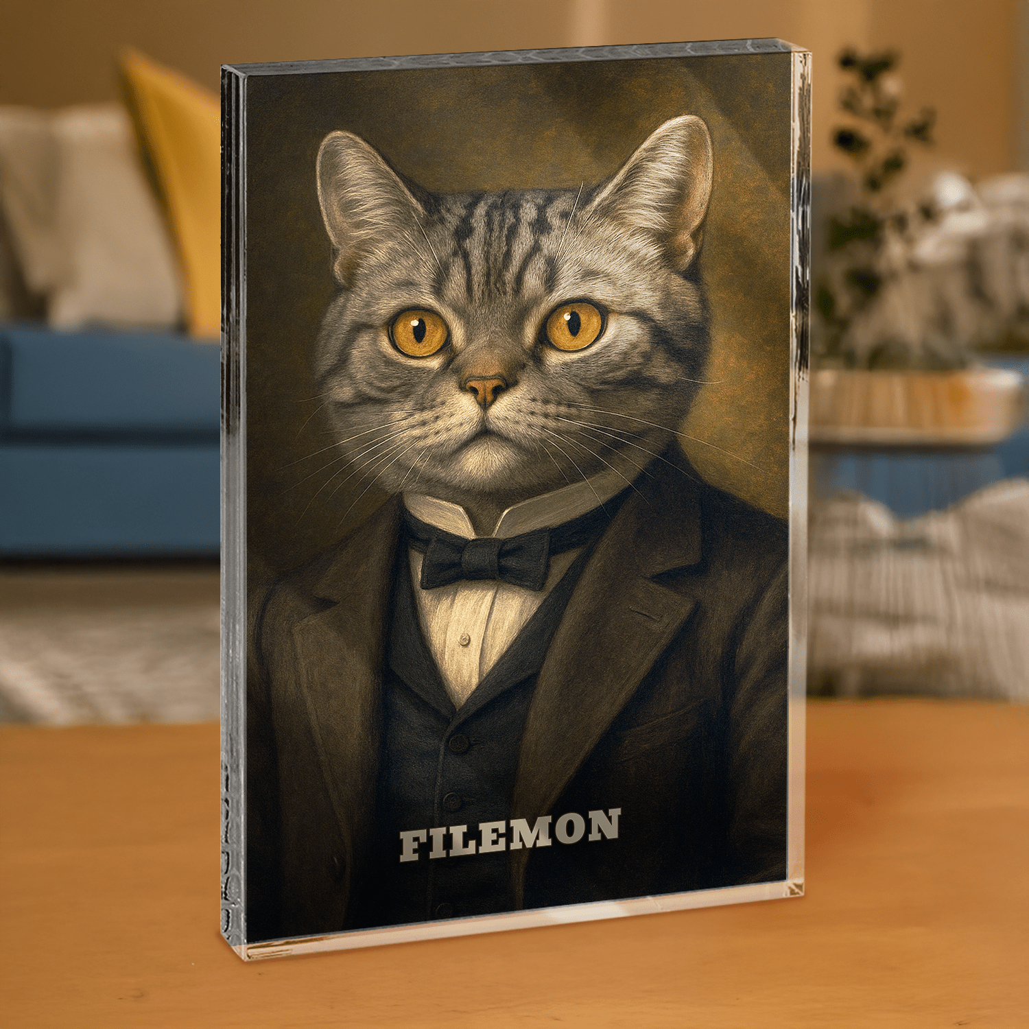 Portret eleganckiego kota - personalizowany druk na grubym szkle dla miłośnika kotów - Emmygift.pl