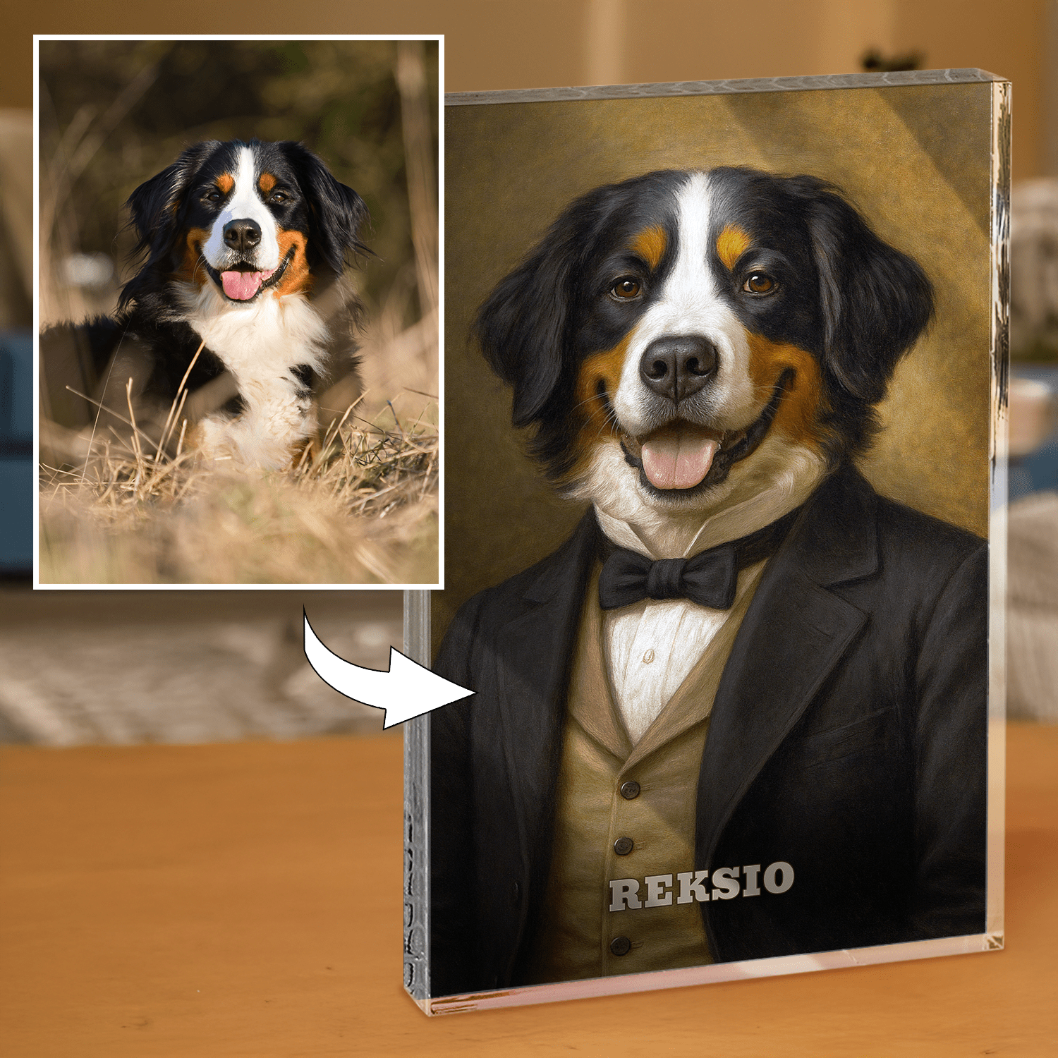 Portret eleganckiego psa - personalizowany druk na grubym szkle dla miłośnika psów - Emmygift.pl