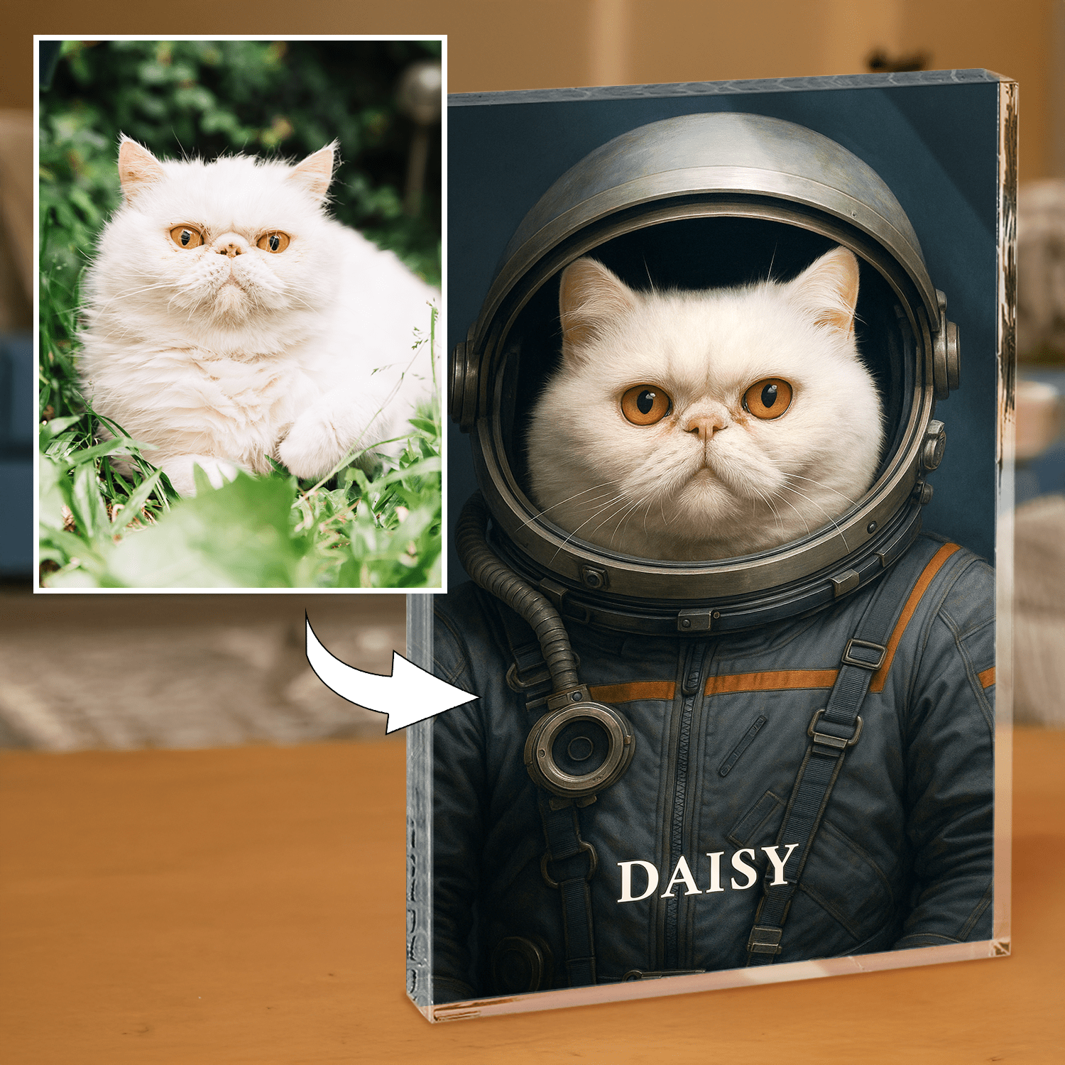 Portret kosmicznego kota - personalizowany druk na grubym szkle dla miłośnika kotów - Emmygift.pl