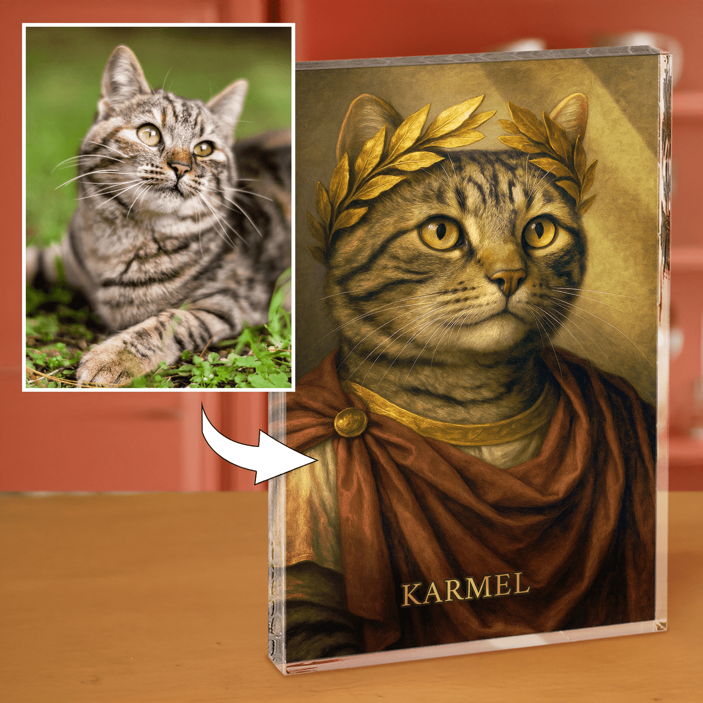 Portret kota cesarza - personalizowany druk na grubym szkle dla miłośnika kotów - Emmygift.pl