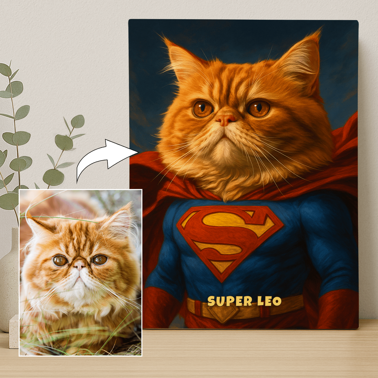 Portret kota jako superbohatera - personalizowany obraz na płótnie dla miłośnika kotów - Emmygift.pl