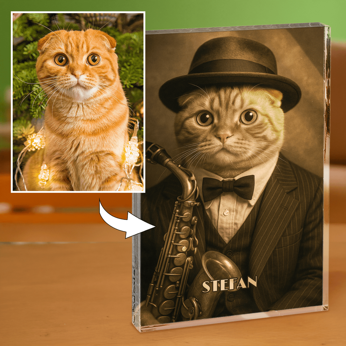 Portret kota muzyka - blok akrylowy - prostokąt dla miłośnika kotów - Emmygift.pl