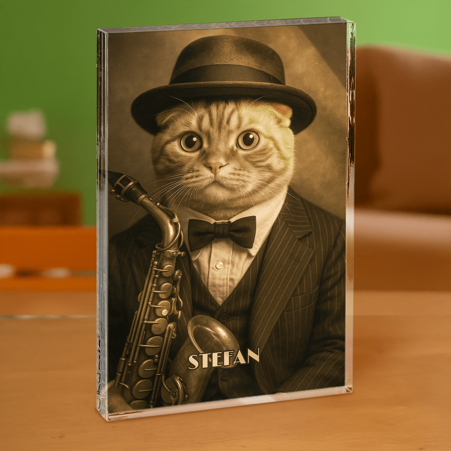 Portret kota muzyka - blok akrylowy - prostokąt dla miłośnika kotów - Emmygift.pl