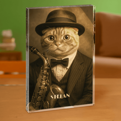 Portret kota muzyka - blok akrylowy - prostokąt dla miłośnika kotów - Emmygift.pl