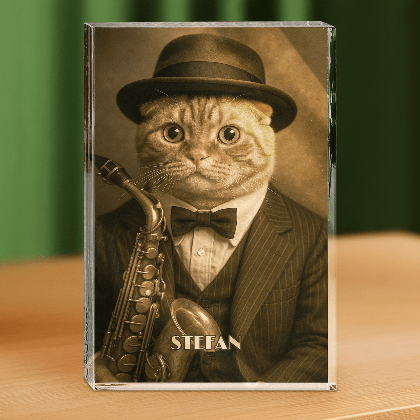 Portret kota muzyka - blok akrylowy - prostokąt dla miłośnika kotów - Emmygift.pl